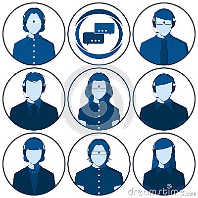 Set of flat vector avatars of men and women with headset Vector Illustration