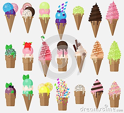 Set of flat vector ice cream cone with sweets. Collection ice cream cones with blueberry, caramel, lemon sundae. Vector Illustration