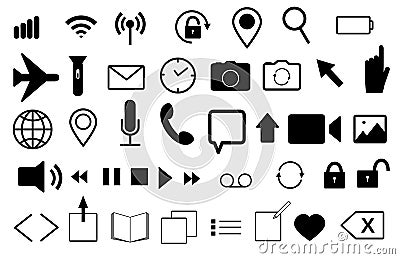 Set of flat vector icons for mobile phone and web. Mail, loop, clock, phone, wi-fi, photo, video, microphone, globe, location, loc Cartoon Illustration