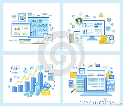 Set of flat vector illustrations for Business Statistics, Data Reporting, Investment, Financial Success. Tax payment, calculation Vector Illustration