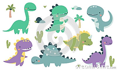 Set of flat vector illustrations in children's style. Cute kind dinosaurs, palm trees and cacti. Vector Illustration