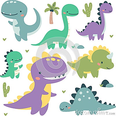 Set of flat vector illustrations in children's style. Cute kind dinosaurs, palm trees and cacti. Vector Illustration