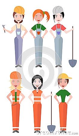 Set of flat vector illustrations women workers and builder. Vector Illustration