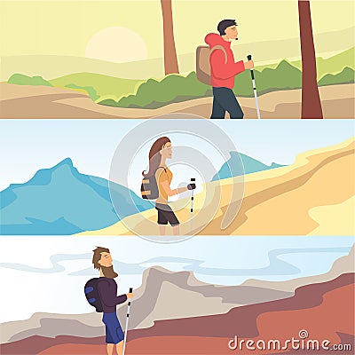 Set of flat vector web banners on the theme Hiking, Trekking, Walking. Sports, outdoor recreation, adventures in nature Vector Illustration