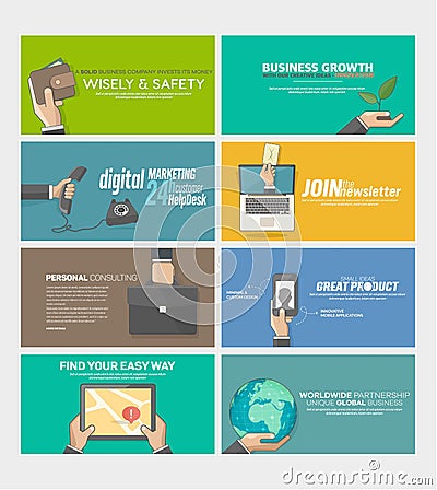 Set of flat web infographics concept banners for business company website, print templates Vector Illustration