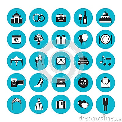 Set of flat wedding icons. Vector illustration, flat style. Vector Illustration