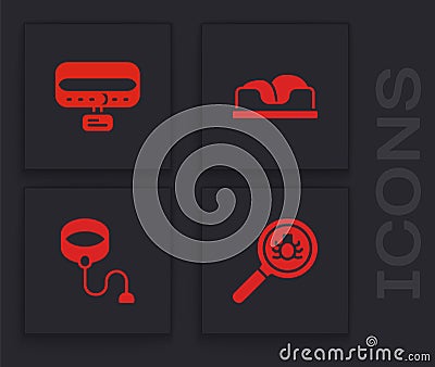 Set Flea search, Collar with name tag, Pet bed and Retractable cord leash icon. Vector Vector Illustration