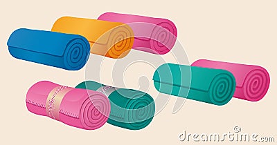 Set of fleece blankets, comforter or duvet and gymnastic mats, rolled into a roll or scroll. Vector Illustration