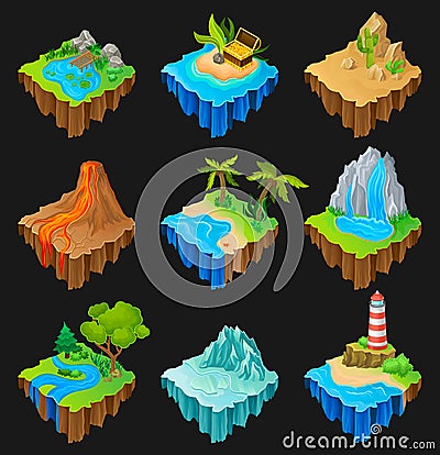 Set of floating platforms with different landscapes. Volcano with lava, desert with cacti, waterfall, island with Vector Illustration