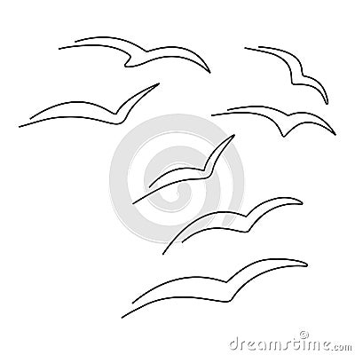 Set of a flock of flying seagulls. Vector. Continuous line drawing illustration Vector Illustration