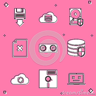 Set Floppy disk backup, Cloud database, Hard drive HDD protection, Delete file document, Stereo speaker and Database Vector Illustration