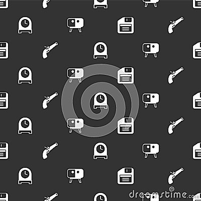 Set Floppy disk, Vintage pistol, Antique clock and TV table stand on seamless pattern. Vector Vector Illustration