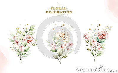 Set of watercolor bouquet of roses and leaves Vector Illustration