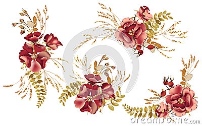 Set of floral bouquets, arrangement with beautiful burgundy rose and gold tropical leaves. Vector Illustration