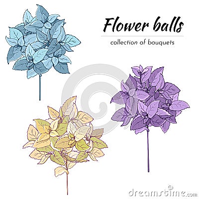 Set of floral bouquets cut on white background. Blue, purple and yellow hydrangea flowers, vector illustration Vector Illustration