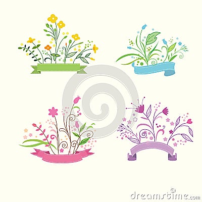 Set of floral bouquets and romantic frames Vector Illustration