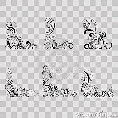 Set floral corner design. Swirl ornament on transparent background - vector illustration. Decorative border with curve Vector Illustration