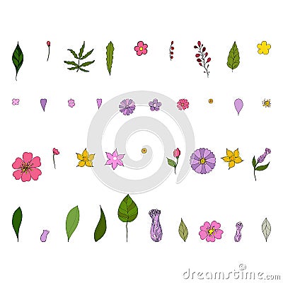 Set of floral elements. Wreath illustration made of flowers and herbs. Vector decorative flowers and leaf Vector Illustration