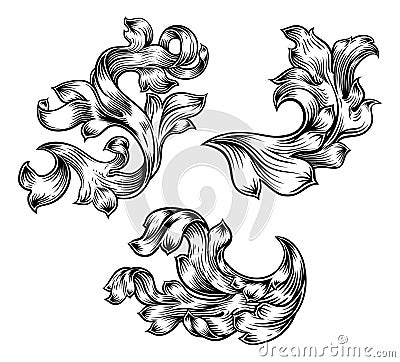 Floral Filigree Pattern Scroll Heraldry Design Set Vector Illustration