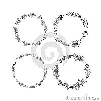 Set of floral hand drawn outlined twigs branches wreaths Vector Illustration