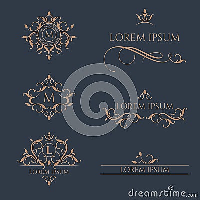 Set of floral monograms and borders. Vector Illustration