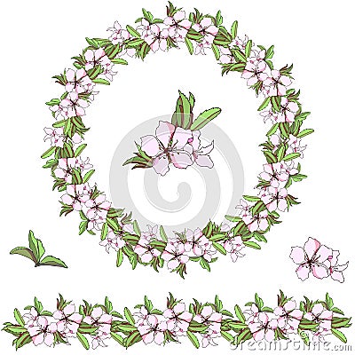 Set of floral patterns. Vector wreath of colorful flowers and green leaves. Vector brush for decorating cards, designer greetings Vector Illustration