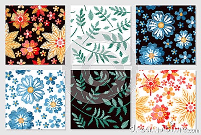 Set of floral seamless patterns. Embroidery of flowers and leaves on white and black background. Vector Illustration