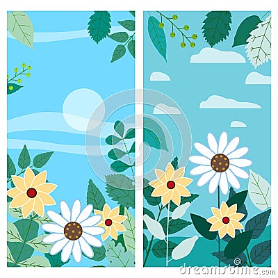 Set of floral spring leaves and flowers vertical backgrounds social media stories templates, color vibrant banners Vector Illustration