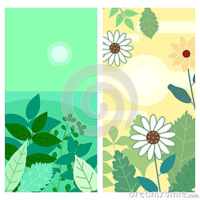 Set of floral spring leaves and flowers vertical backgrounds social media stories templates, color vibrant banners Vector Illustration