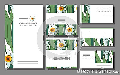 Set of floral spring summer templates with white daffodils on a green backround. Business card with narcissus. For Vector Illustration