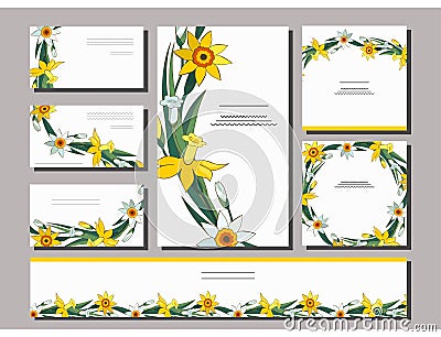 Set of floral spring templates with cute bunches of white and yellow daffodils. Business card with narcissus. For Vector Illustration