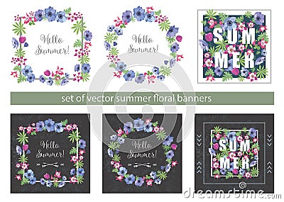 Set of Floral Summer Greeting Cards Design Vector Illustration