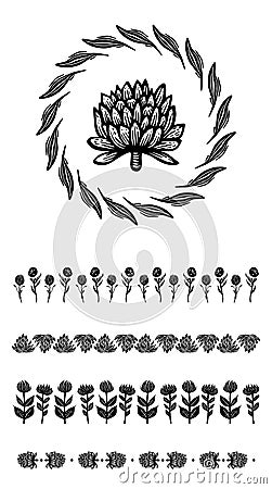 Set of floral vector borders with flower motif in scandi wreath. Organic folk art logo group in decorative linoleum Vector Illustration