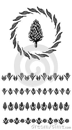 Set of floral vector borders with flower motif in scandi wreath. Organic folk art logo group in decorative linoleum Stock Photo