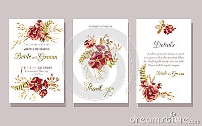 Set of floral wedding invitation with beautiful burgundy rose and gold tropical leaves on white background Vector Illustration