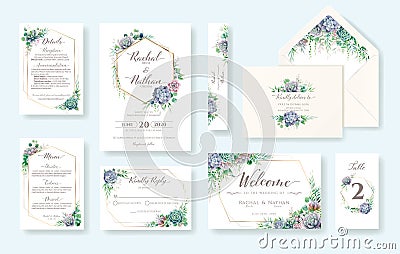 Set of floral wedding invitation card, invite, RSVP, Details, Thank you, Table number, Menu, envelope address template. Succulent Vector Illustration