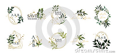 Set of floral wedding logos and monogram with elegant green leaves Vector Illustration