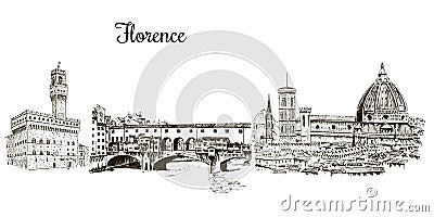 Set of Florence symbols silhuettes. Cityline. Duomo Santa maria del fiore, Palazzo Vecchio, Ponte Vecchio bridge Vector Illustration