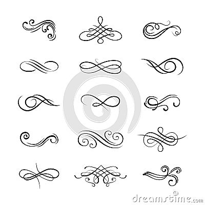 Set flourishes. Calligraphic and page decoration design elements. Swirl, scroll and divider. Vector Illustration