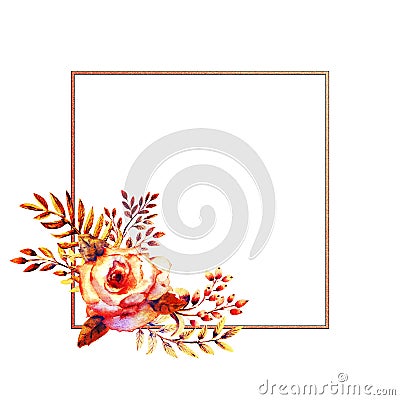 Set of flower branches. Pink rose flower, green leaves, red . Wedding concept with flowers. Floral poster, invitation. Watercolor Stock Photo