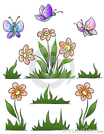 Set of flower grass and butterfly Vector Illustration