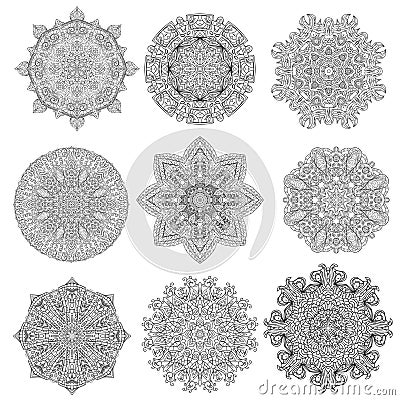 Set of 9 flower mandalas. Hand drawn design elements. Vector. Vector Illustration