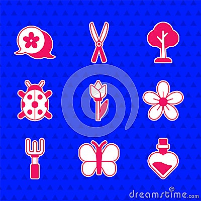 Set Flower tulip, Butterfly, Bottle with love potion, Garden rake, Ladybug, Forest and icon. Vector Vector Illustration