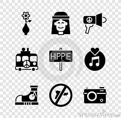 Set Flower in vase, Hippie girl, Megaphone, Sneakers, No war, Photo camera, camper van and Peace icon. Vector Vector Illustration