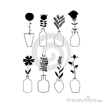 Set of different flowers and plants. Vases and bottles. Floral compositions. Interior decor. Vector design elements. Vector Illustration