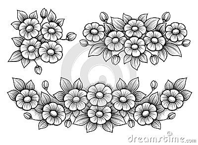 Set flowers daisy bunch vintage Victorian frame border floral ornament engraved retro tattoo black and white calligraphic vector Vector Illustration