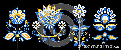 Set of Flowers Inspired by Ukrainian Traditional Embroidery Vector Illustration