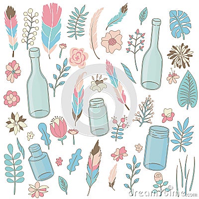 Set of flowers, leaves, feathers pink, green and blue colors Vector Illustration