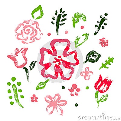 Set flowers, leaves, herbs painted with finger paints. Handmade. Happy Women`s Day. Wedding. Spring. Vector Illustration