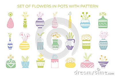 A set of flowers in pots with a pattern Stock Photo